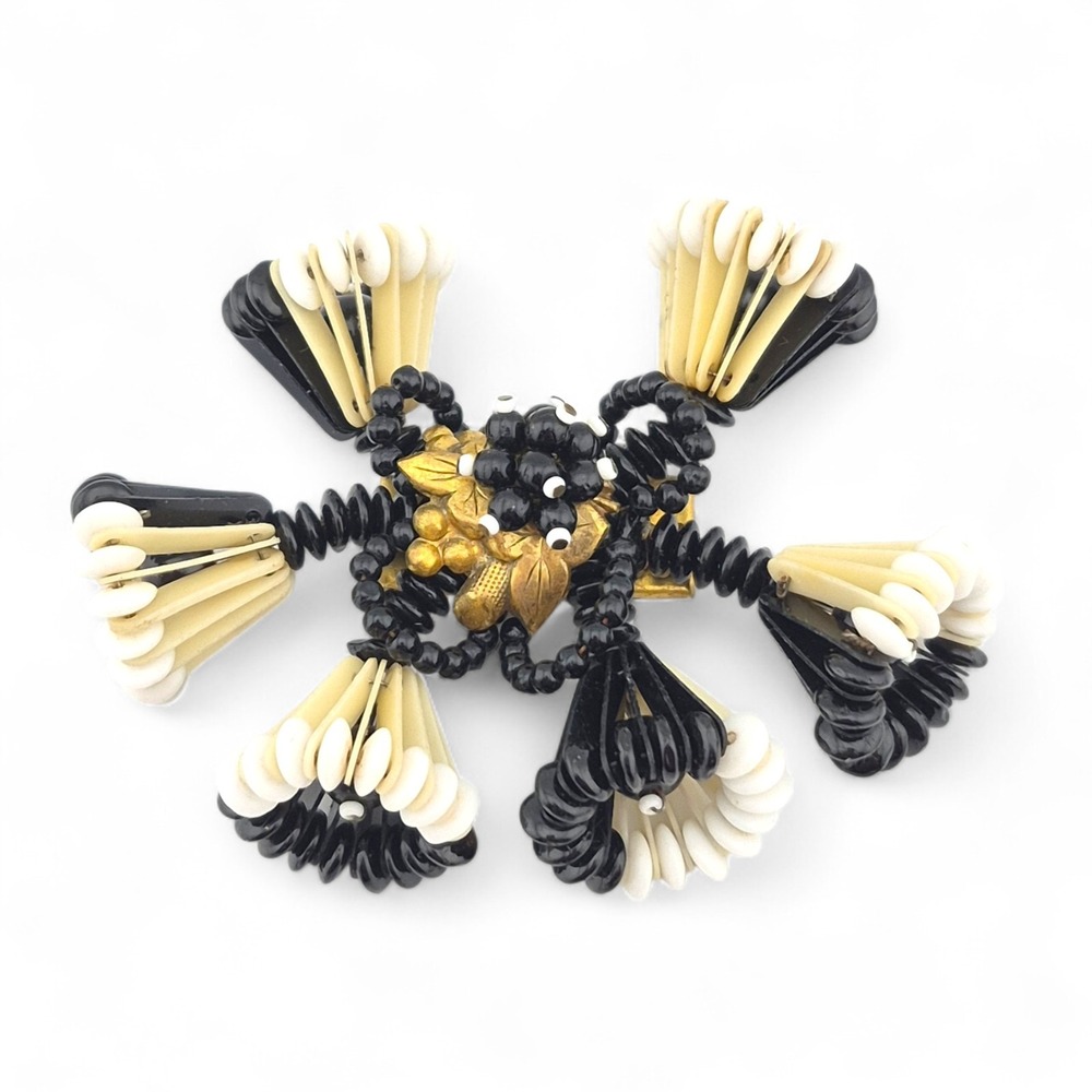 Early Miriam Haskell Black White Beaded Flower Brooch Unsigned Book Piece